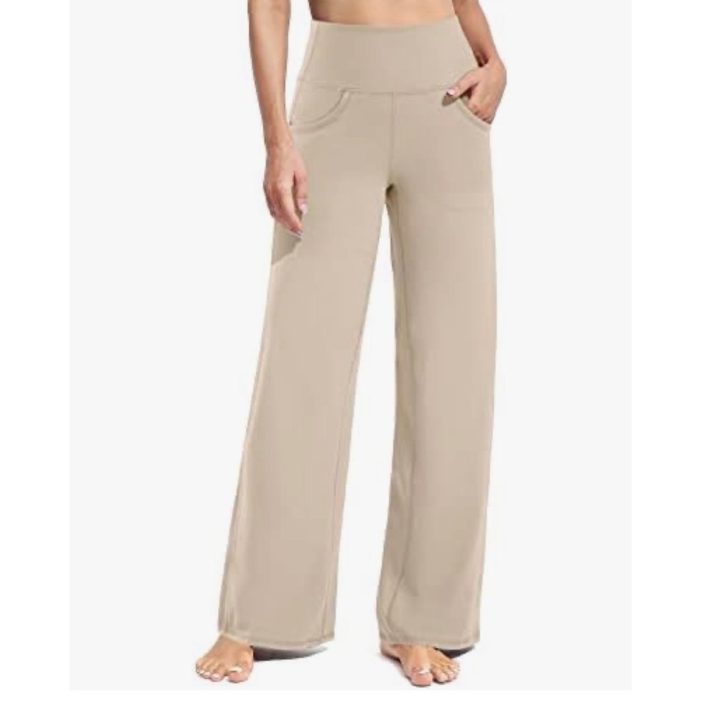 Promover Yoga Pants Women Medium Beige High Waist Wide Leg Pockets Activewear